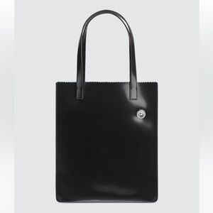 Kara "Pinch Tote" Leather Bag Black Crimped Top Silver Detail Shiny Buffed Large